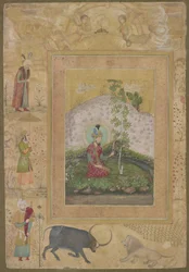 Humayun sentado en un paisaje, del álbum tardío de Shah Jahan, folio de álbum separado, c.1650
